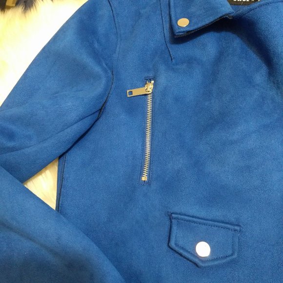 Vibrant blue faux suede biker jacket - Picture 2 of 4